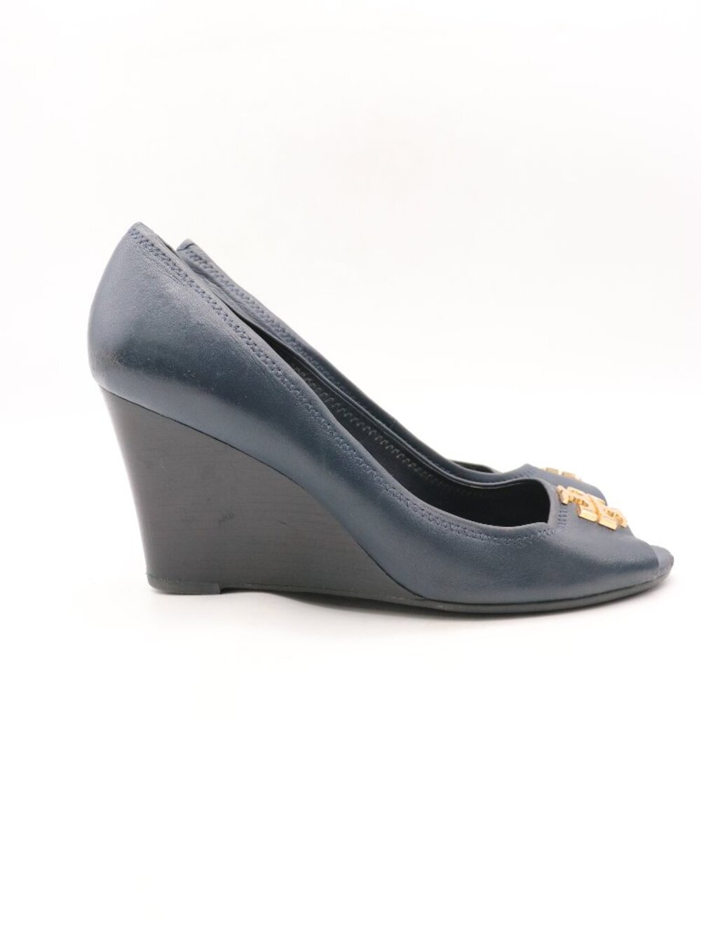 Tory Burch Wedge Pumps Women's 9.5 Navy Blue Leather Gold Logo Peep Toe Heel